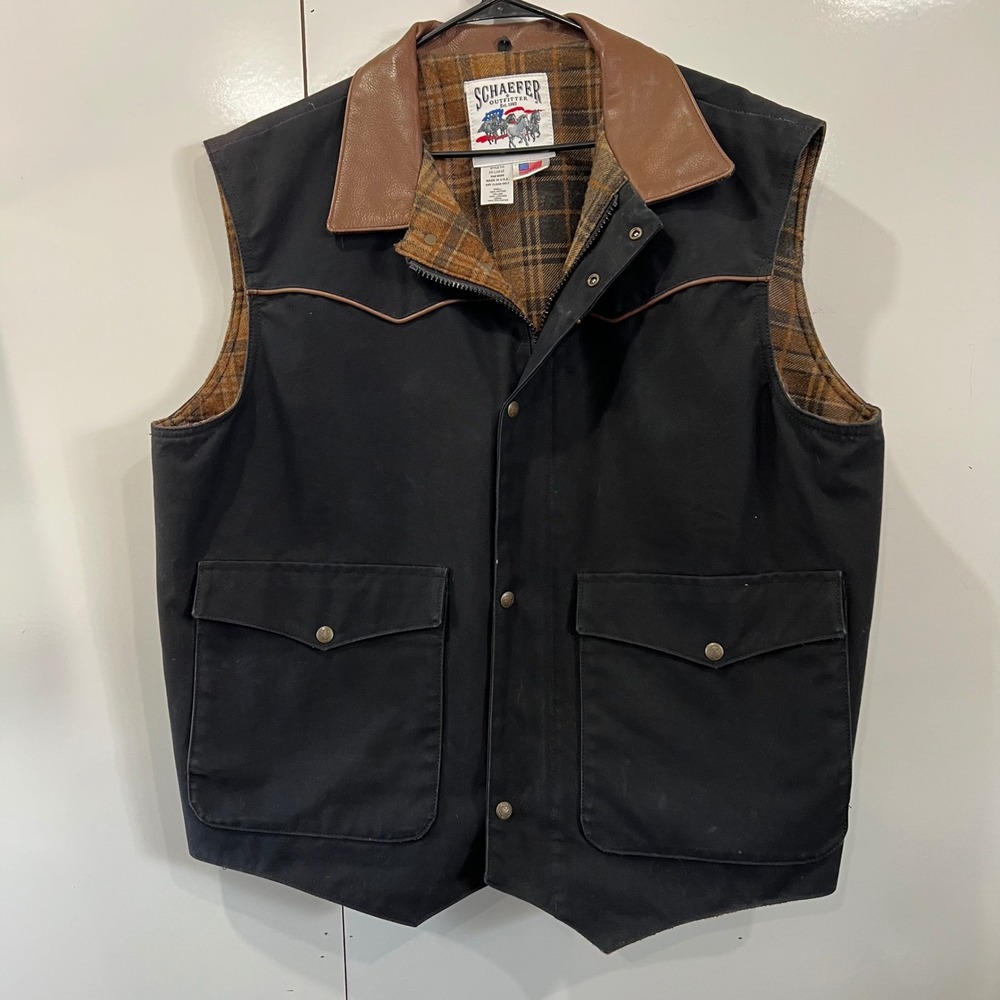 Schaefer Outfitter 712 Mens 2XL Black Cotton Canvas Western Vest Leather Collar